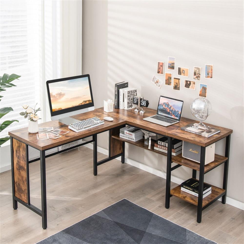 Demi Bonn Industrial L-Shaped Corner Computer Desk Office Workstation with Storage Shelves, Small Home Office Desk Study Writing Table, Brown