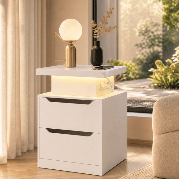 Nightstand for Bedroom, Charging Station and Led Light, 20" Height Wooden Bedside Table with 2 Drawers, Concealed Handles, for Living Room, White