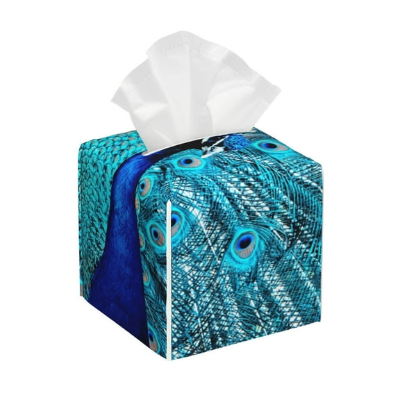 Naloa Beautiful Blue Peacock Tissue Box Cover Leather Tissue Holder Square Facial Tissue Case for Bathroom, Vanity Countertop, Tabletop, Car