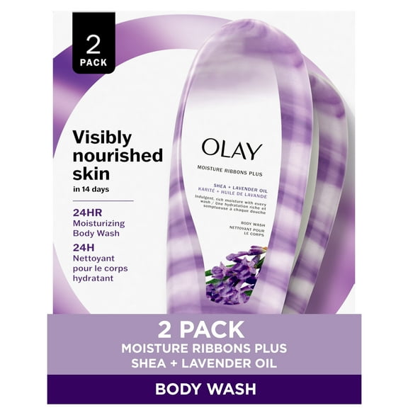Olay Moisture Ribbons Plus Shea   Lavender Oil Women's Body Wash, All Skin Types, 18 fl oz, Twin Pack