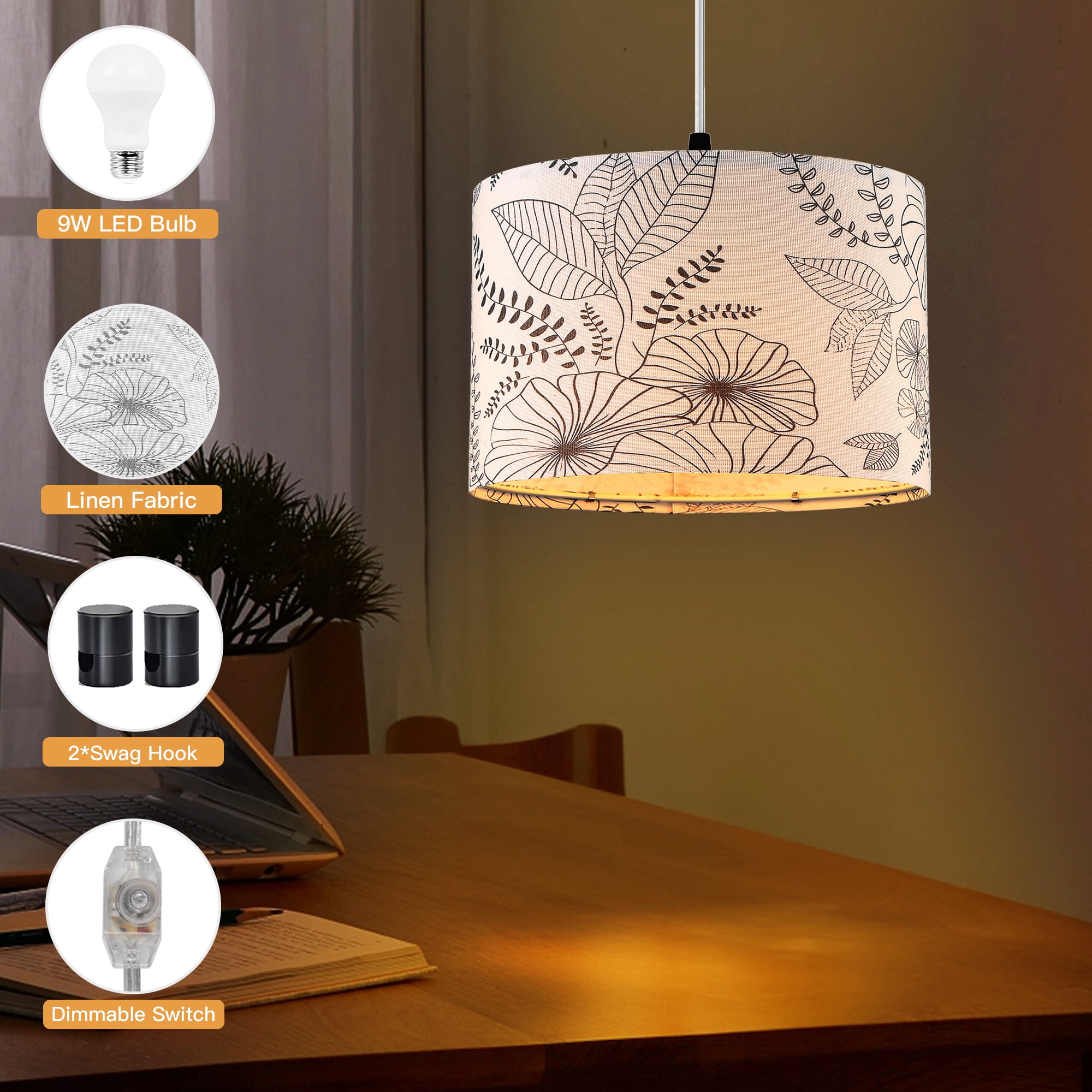 Cinkeda Plug in Pendant Light Dimmable Floral Hanging Lamp with Shade for Kitchen Island Bedroom Living Room(Bulb Included)