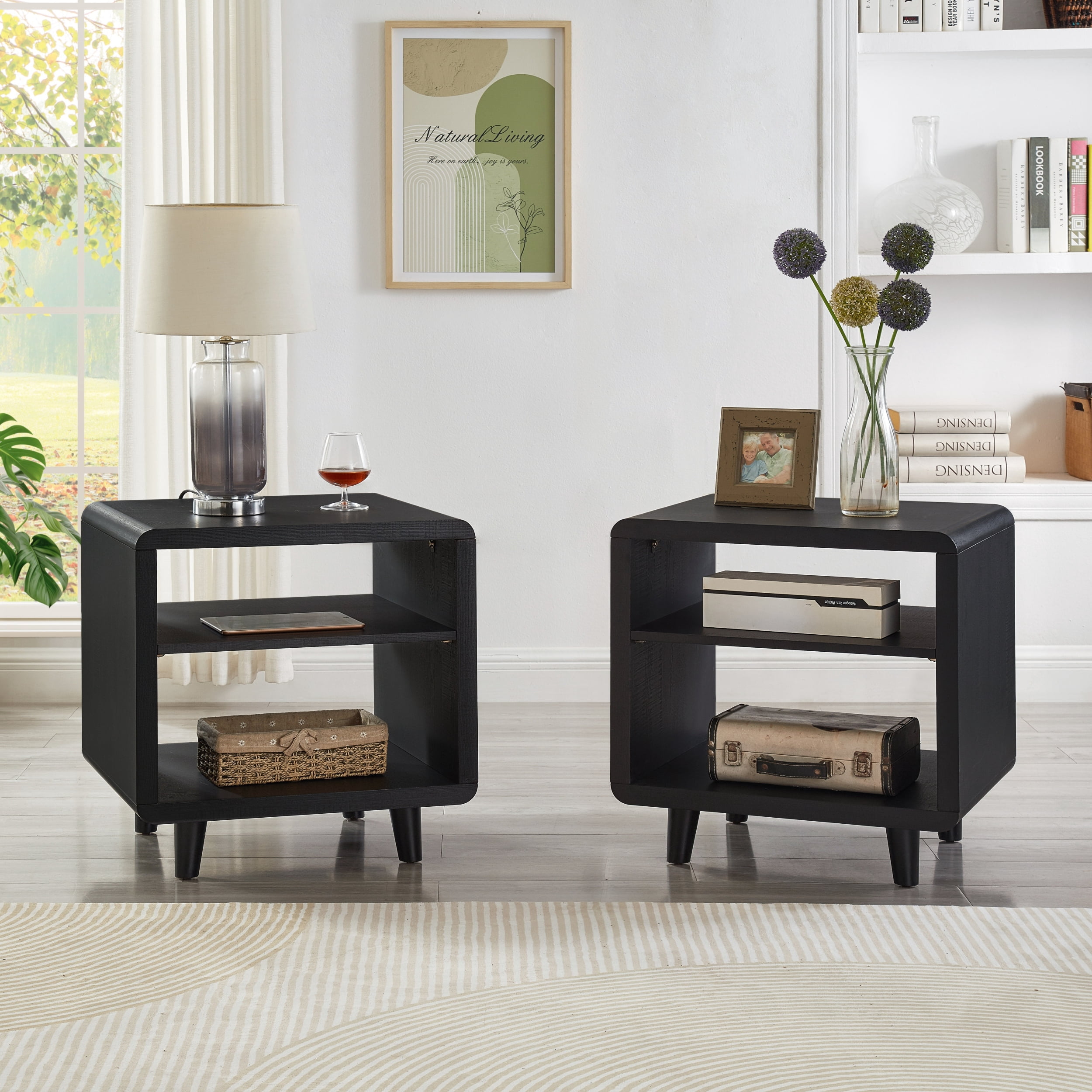 Roundhill Furniture Lux Modern Wood Shelf Side Table, Bedside Nightstand, Black