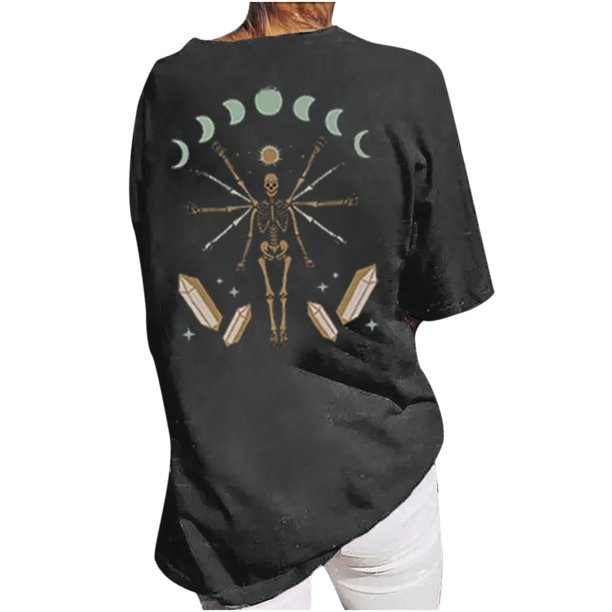 Blusa de manga corta informal con estampado de cuello redondo vintage para mujer Pompotops hfajkhk126445