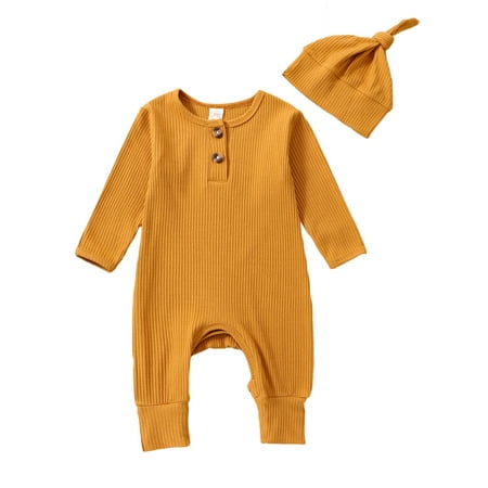 

Jxzom Spring Infant Baby Boy Girls Casual Jumpsuit Set Solid Color Ribbed Long Sleeve Romper and Beanie Hat Clothes