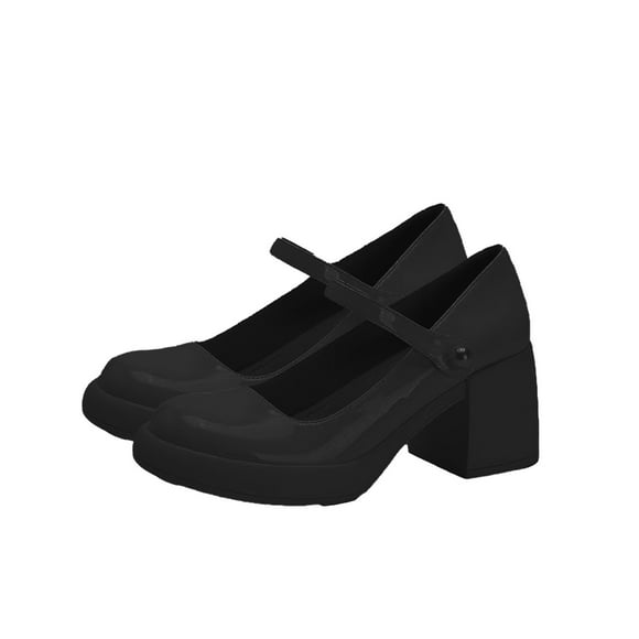Ladys Mary Jane High-Heeled Shoes Solid Color Pearl Platform Round Toe Chunky Heel Elegant Ankle Strap Patent Pumps Shoes Heel High 6CM Black