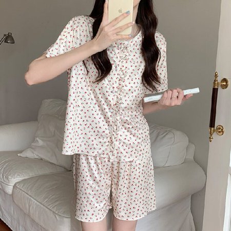 

DanceeMangoo New Girl Pajama Sets Turn-down Collar Short Sleeve Women Summer Printed Cartoon Thin Kawaii Trendy Womens 2pcs Pyjamas Elegant