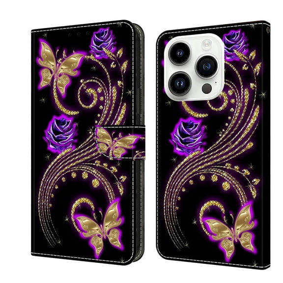 Feishell for iPhone 14 Pro 6.1 inch Slim Wallet Case with Fashion Colorful Pattern Painted,Luxury PU Leather Magnetic Flip Stand Card Slots Pocket Phone Case,Purple Flowers & Butterflies