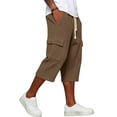 thumbnail image 5 of Nestiefly Long Cargo Shorts for Men Below Knee Waffle Drawstring Capris Pants Elastic Waist Lightweight Summer Resort Wear Brown L, 5 of 8