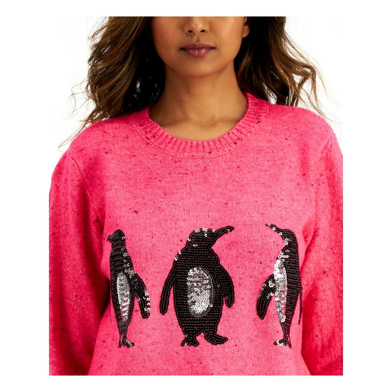 KAREN SCOTT Womens Pink Stretch Sequined Embellished Penguin Rib-knit Trim  Long Sleeve Jewel Neck Sweater XS - Walmart.com