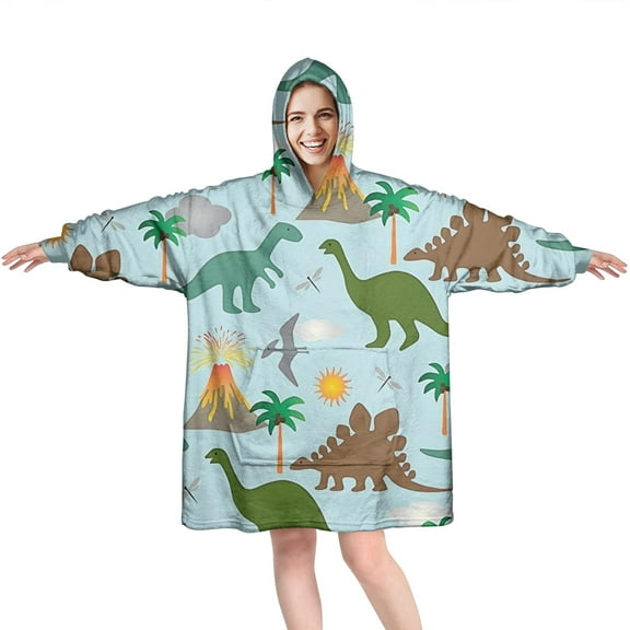 Wearable Oversized Blanket,Dinosaurs Volcano Light Blue Pattern Wearable Blanket Hoodie for Adults,Cozy Hooded Blankets with Super Pockets,Super Warm Fuzzy Pullover for Women & Men
