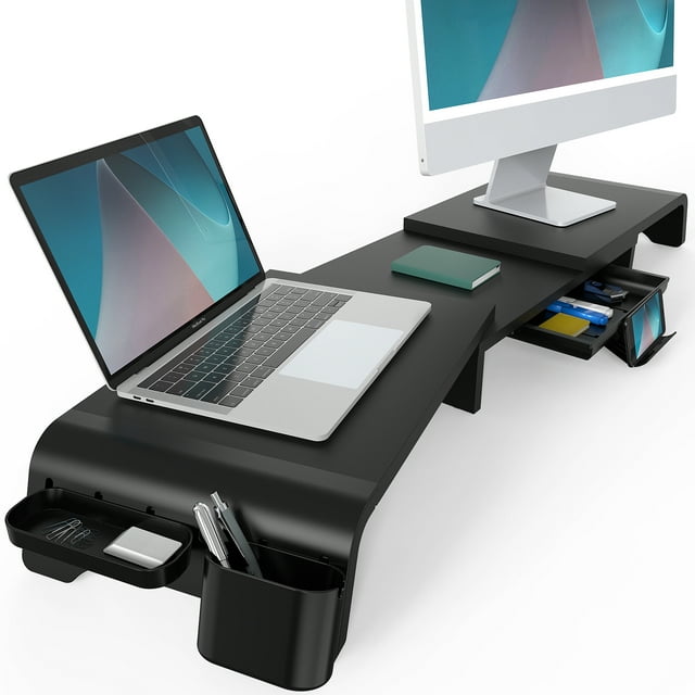 FENGE Support Double Moniteur, 3 Étagères Longueur et Angle Réglables, Organisateur de Bureau 42,1 Pieds' avec Tiroir Amovible, Support de Téléphone pour 2 Moniteurs, Noir