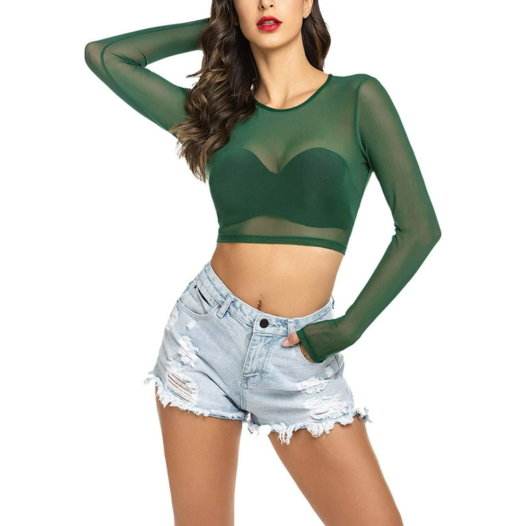 Women Mesh Crop Top Long Sleeve See Through Shirt Sheer Blouse S 4XL Long  Sleeve-dark Green 3X-Large 