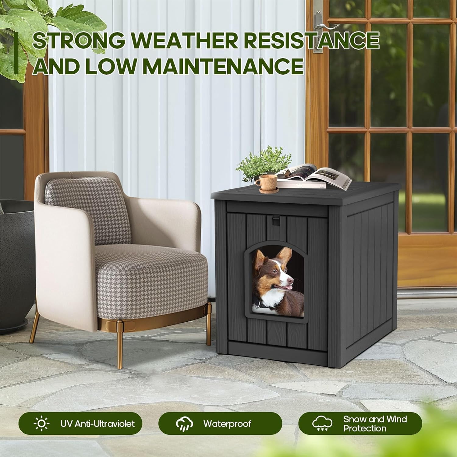 Outdoor Indoor Dog House,Resin Material Ventilate Waterproof Added to The Bottom,Multi-Functional Pet House for Small to Medium Dog(Black, Medium)