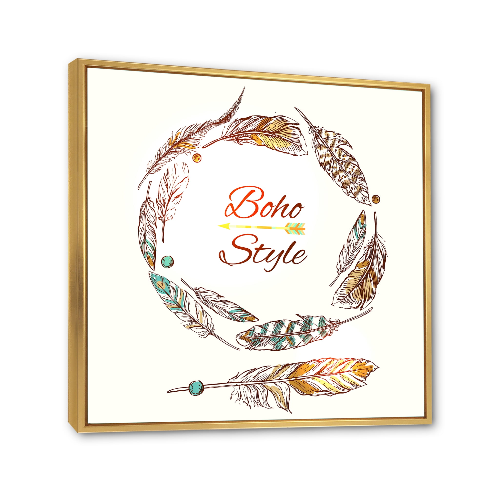 Designart 'Wreath Of Ethnic Beige Boho Feather' Bohemian & Eclectic Framed Canvas Wall Art Print