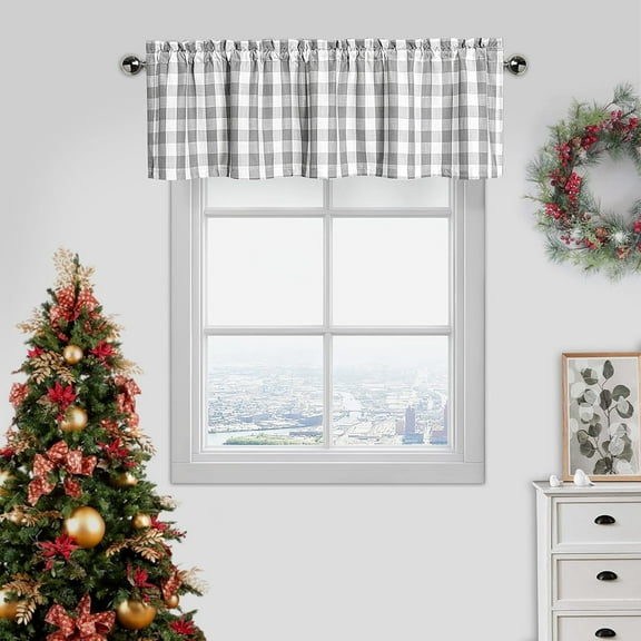 Bohogeo Buffalo Plaid Valance Curtain for Kitchen,Rod Pocket Retro Check Valance for Window Treatment,55" x 15", Silver/Gray