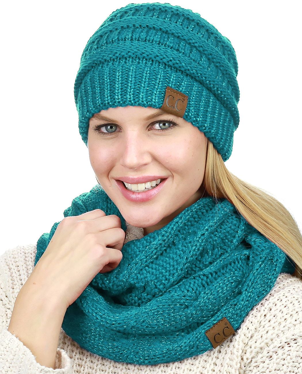C.C Unisex Soft Stretch Chunky Cable Knit Beanie and Infinity Loop Scarf Set Teal Metallic