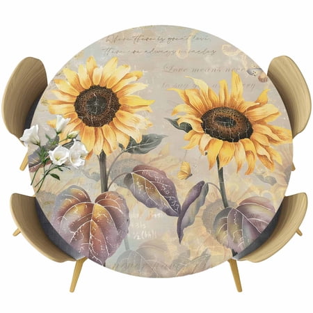 Yellow Sunflowers Round Tablecloth Fitted Table Cover with Elastic for 36 -44 Round Tables Retro Floral Leaves Butterfly Plants Khaki Table Cloth Outdoor Dinning Party Waterproof Tablecloths