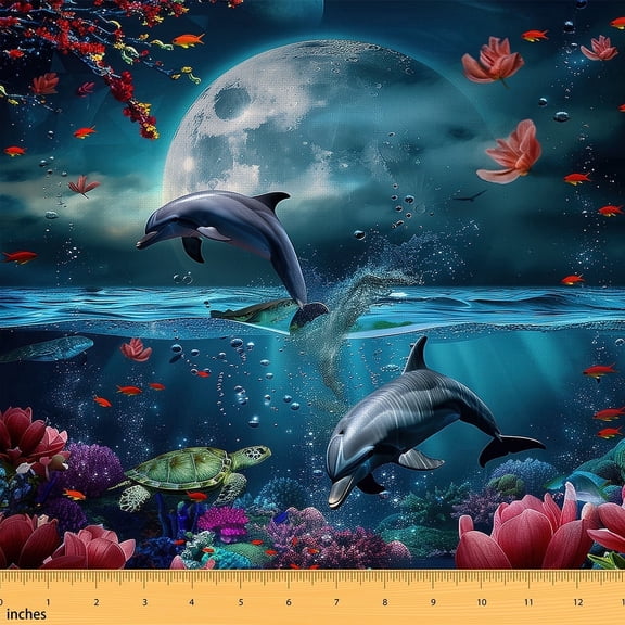 Erosebridal Whale Moon Fabric By The Yard, Night Wave Seaside Indoor Outdoor Fabric, Petals Turtles Blue Decorative Fabric, 3D Fish Underwater Quilting Fabric By The Yard 3 Yards