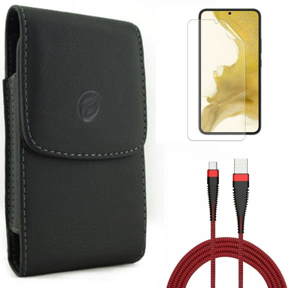 For Samsung Galaxy S21 (6.2") - Holster Leather Case Belt Clip   Anti-Glare TPU Film Matte Screen Protector   Charger Cord Type-C 10ft USB Cable