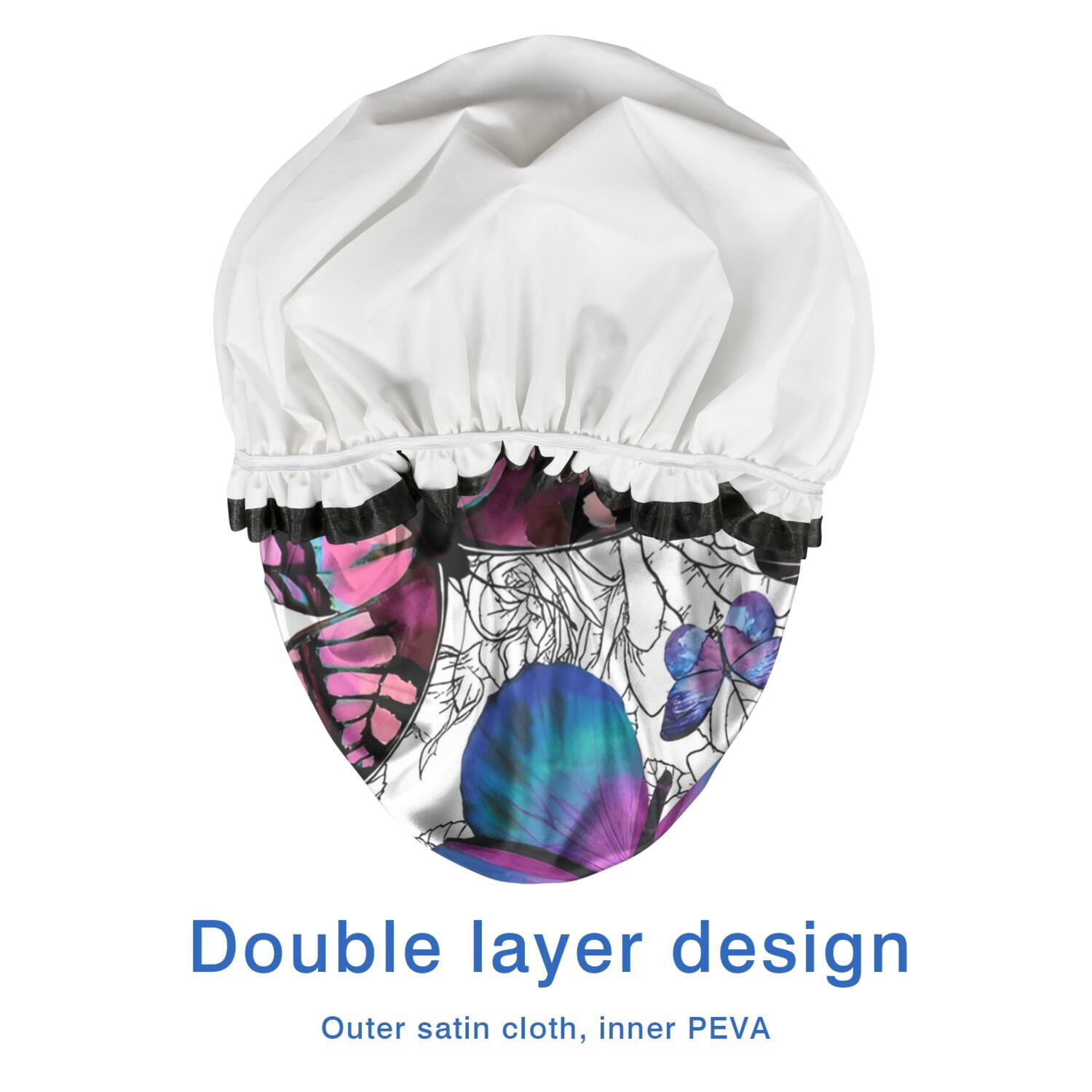 Shower Caps,Purple Butterfly Rose Pattern Waterproof Shower Cap for Women 4 Pieces,Double Reusable Hair Cover for Shower PEVA Elastic Stretch Hem