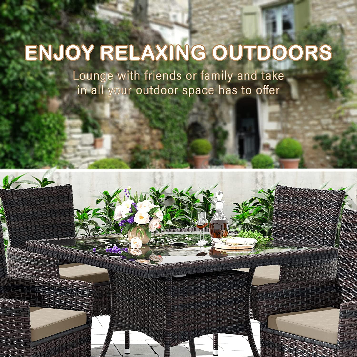 ALAULM 5 Pieces Patio Dining Set Outdoor Rattan Furniture with Square Glass Tabletop 4 Chairs with Cushions for Patio, Backyard Outdoor Kitchen Lawn & Garden Sand
