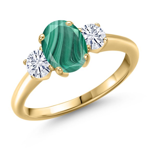 Gem Stone King 18K Yellow Gold Plated Silver Ring Malachite Moissanite (2.46 Cttw)