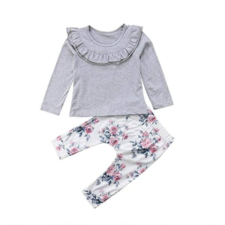 

Baby Girls Long Sleeve Solid Color Ruffle Top and Floral Pants 2pcs Outfit Set Fall Winter Clothes