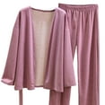 thumbnail image 4 of Women's Solid Color Fleece Pajama Set Long Sleeve Cardigan with Tie Long Pants Warm Soft Loungewear Home Sleep Casual Fashion Outfit Purple L, 4 of 5