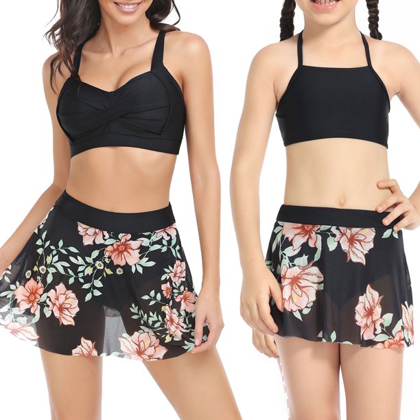 TFFR Women Girls 3 Pieces Bathing Suit with Tropical Beach Skirt Mommy