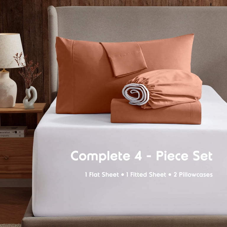 Elegant Comfort 1500 Premium Hotel Quality Sheet Set - 4PC Microfiber, Deep Pocket 18-24", Twin/Twin XL, Orange