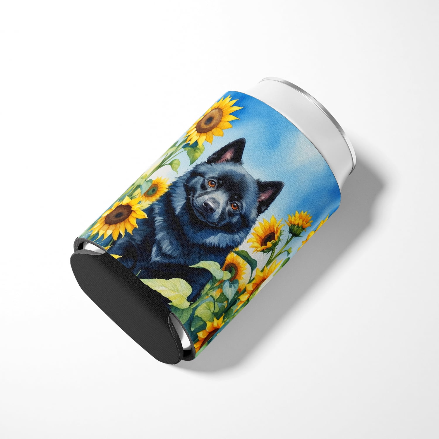 Schipperke in Sunflowers Can or Bottle Hugger 3 in x 5 in