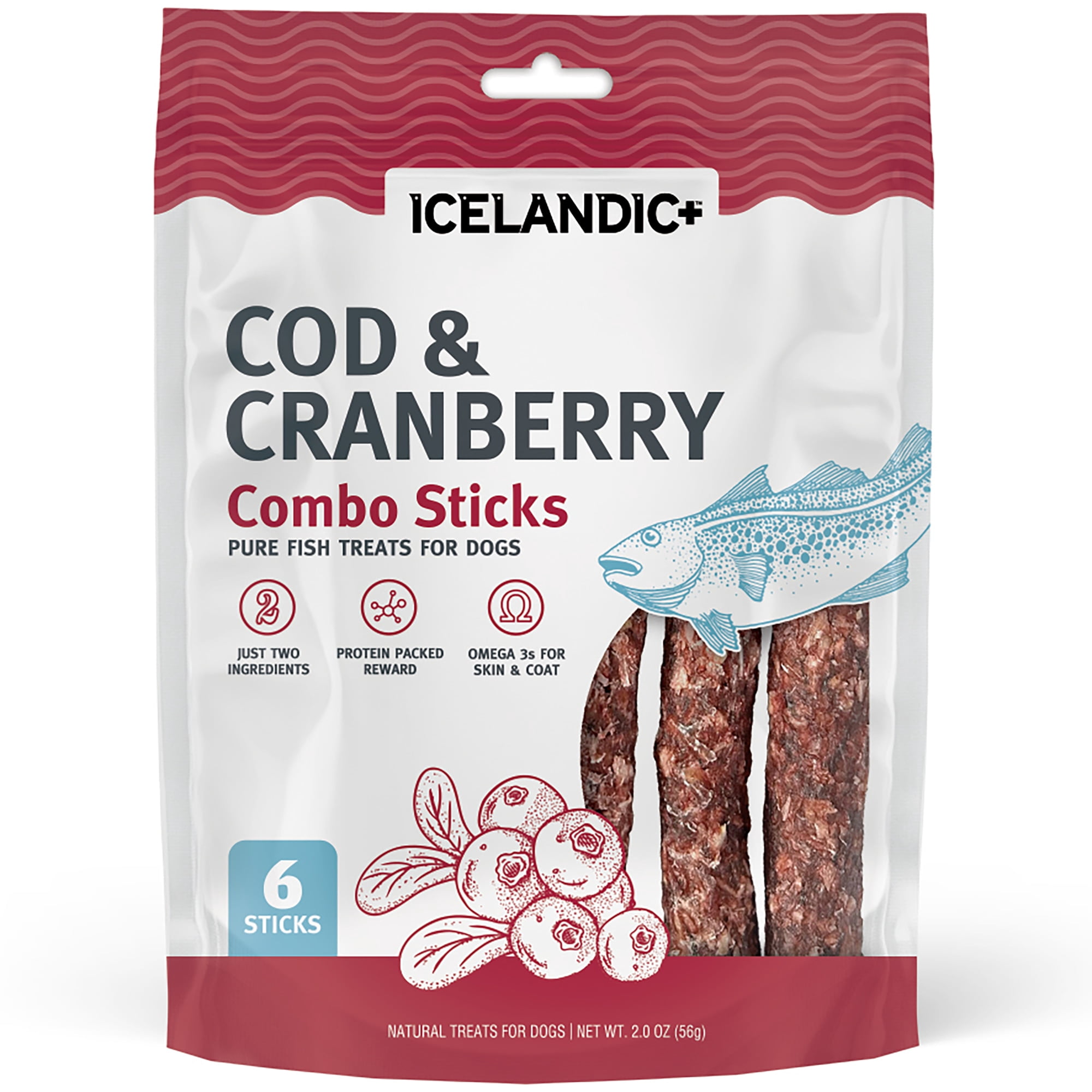 Icelandic+ Combo Sticks: Cod & Cranberry - 6ct, 2oz Bag - Dog Treats, 2 Ingredient Pet Snacks, Wild Caught Fish, Slow Baked, Crunchy Natural Chews