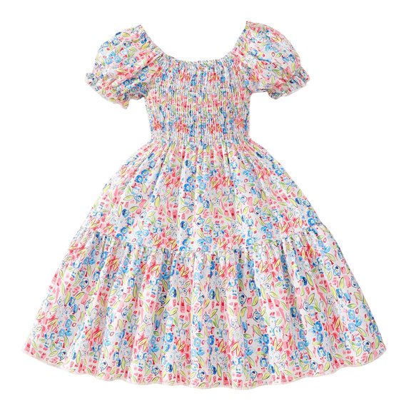 WhouRiu Girls Ruffle Sleeve Smocked Floral Dress Elegant Tiered Beach Swing Dress Orange,Sizes 2-3