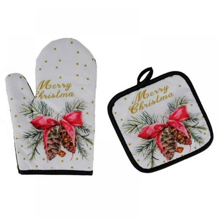 

2PCS/SET Christmas Microwave Oven Mitts Heat Insulated Pad Christmas Glove Mat Xmas Kitchen Dining Bakeware
