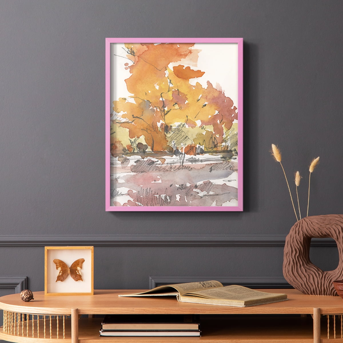 Watercolor Treeline Sketch II Framed Print in Pink Solid Wood 11 x 14 Framed Print