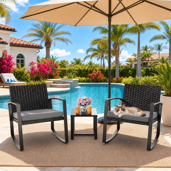Patio Furniture Set, 3 PCS Outdoor Rocking Chairs Set with Glass Table for Garden, Backyard, Poolside, Balcony, Patio and Porch, Gray Cushion