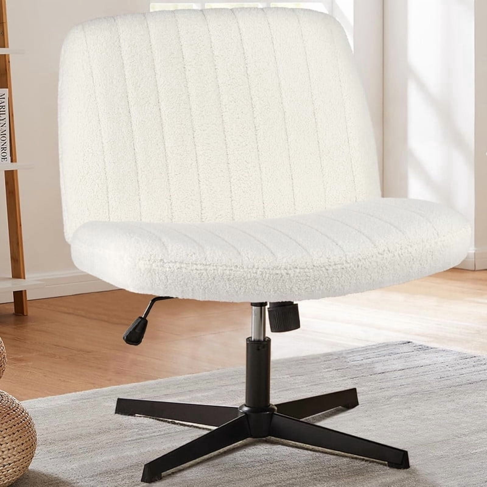 Kelno Teddy Cross Legged Desk Chair Wide Seat Chair Ergonomic Height Adjustable Swivel Office Vanity Chair, Beige