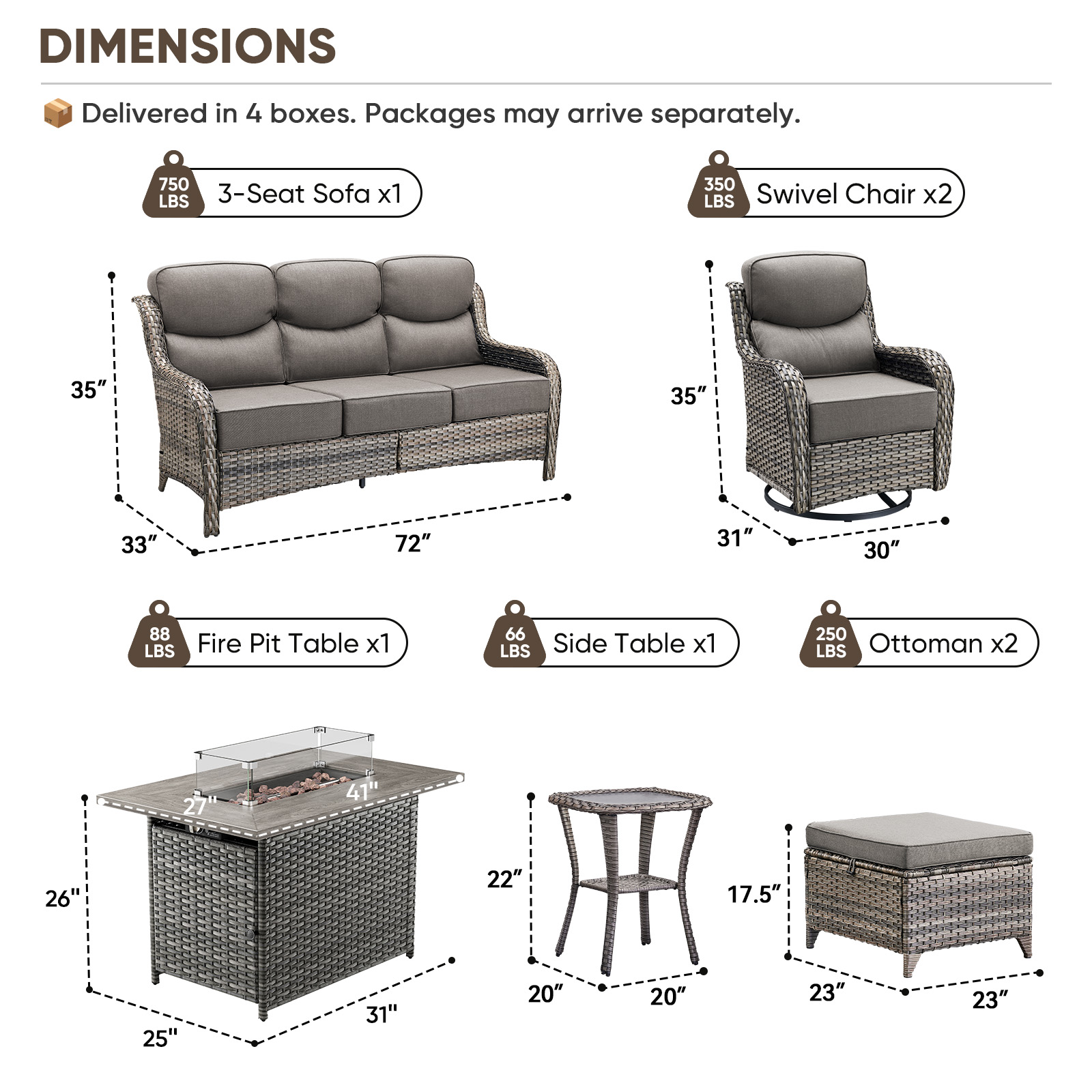 Planntonneo 7pcs Patio Furniture Set with Fire Pit Table, Rattan Sofa with Swivel Chairs, Ottomans, Side Table and 41" Propane Fire Table Rectangular, 6inch Thickened Grey Cushions, Grey Wicker
