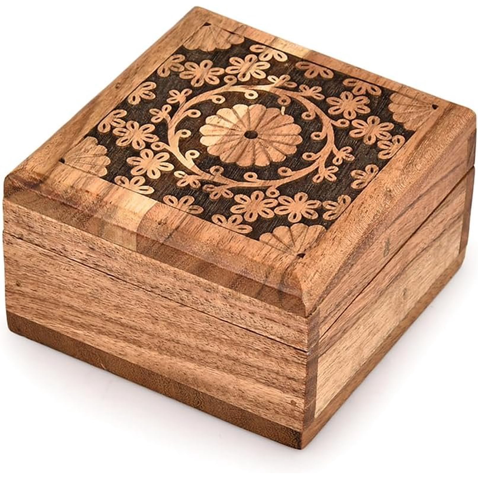 Boxes Acacia Wooden Box -Decorative Storage Box - Antique for Keepsakes, Father's Day, Mother's Day, Anniversaries (4" x 4" x 2.5")