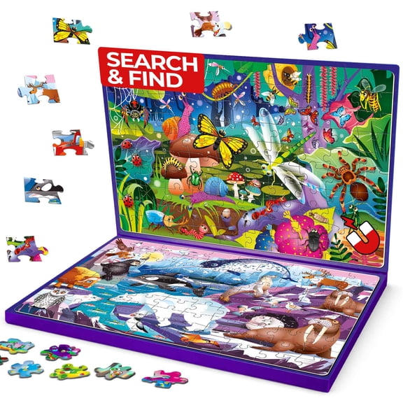 Quokka 100 PCS Magnetic Puzzle Book for Kids 3-5 – 2 Puzzles & 2 Spot The Difference Maps – Search and Find - Bugs & Polar Animals
