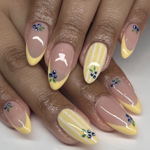 Summer Fresh Blueberry Press On Nails Almond Shaped Reusable Fake Nail Tips