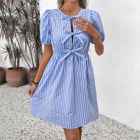 Women's Summer New Retro Striped Round Neck Bow Tie Dress