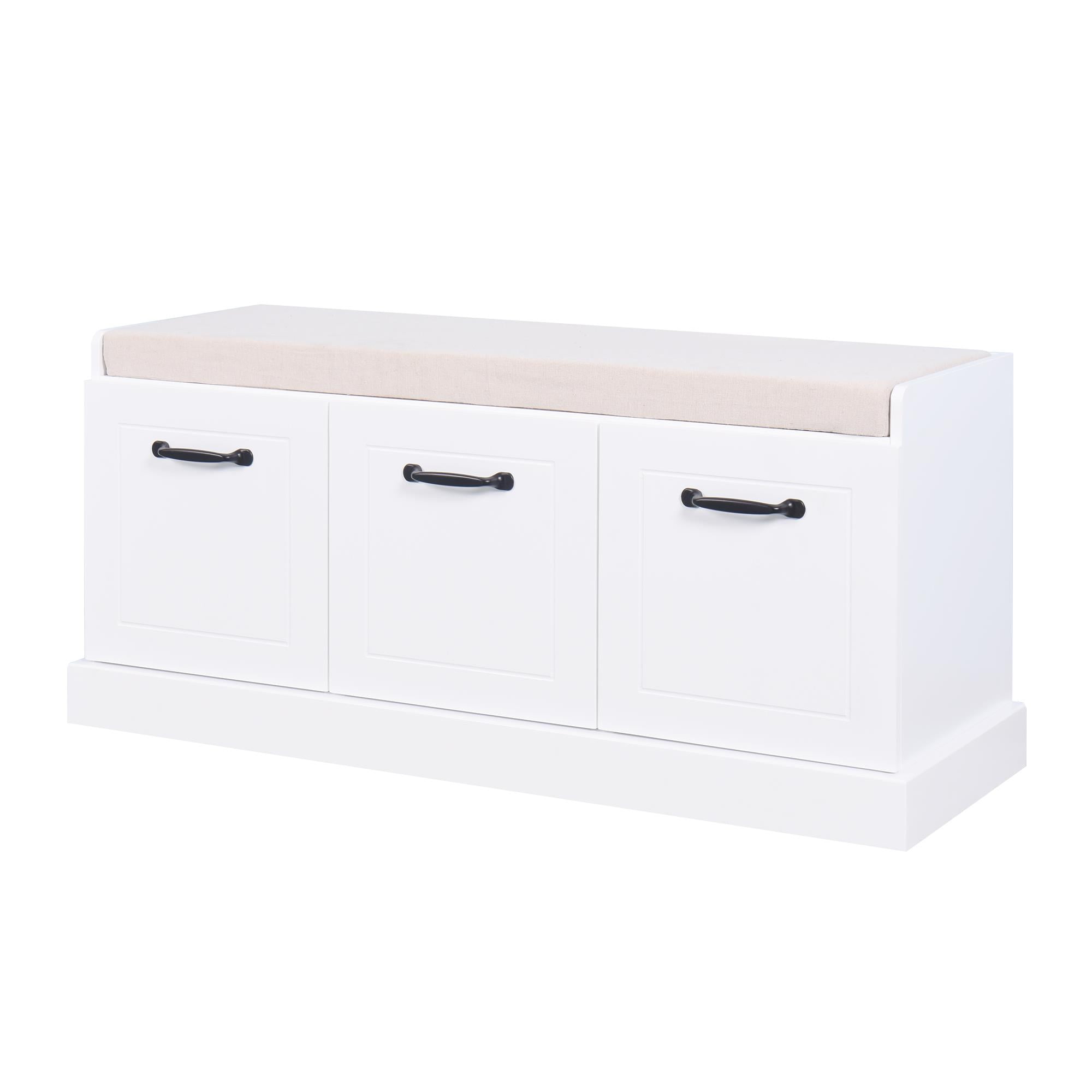 White MDF Entryway Storage Bench with Linen Cushion and Drawers