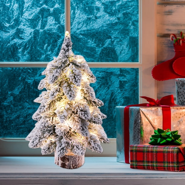 Xihbxyly Mini Árbol de Navidad, Diseño de Pino Blanco, con Luces y Base de Madera, Decoración de Mesa, Ambiente Festivo, Ideal para La Oficina o El Hogar, Tamaño de 45 Cm, Batería No Incluida.