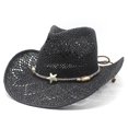thumbnail image 2 of OOOUM Breathable Cowboy Hat For Men Women Western Style Star Charm Beaded Band Straw Sun Hat Festival Outdoor Vacation Western Cowgirl Hat Black, 2 of 9