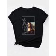 thumbnail image 3 of [Seasonal Versatility] Women's Casual Graphic Tee - Half Mona Lisa Half Shadow Print, Short Sleeve Round Neck T-Shirt, Black Polyester Blend, Spring/Summer Fashion Top, Ladies T Shirts, 3 of 7