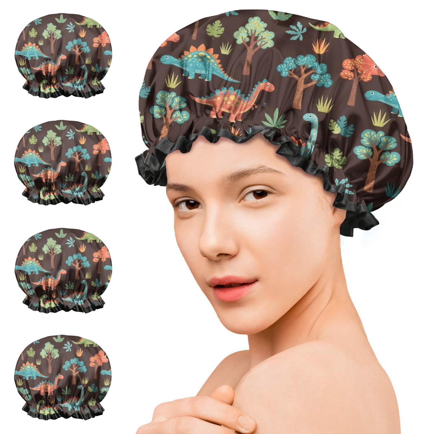 Shower Caps,DarkBrown Cartoon Dinosaurs Forest Pattern Waterproof Shower Cap for Women 4 Pieces,Double Reusable Hair Cover for Shower PEVA Elastic Stretch Hem