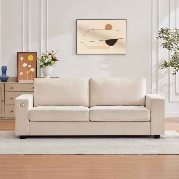 90" Oversized Mid-Century Chenille Cloud Couch – Deep Seat 3-Seater Sofa with USB Charging Ports, Side Pockets & Wood/Iron Frame, Beige