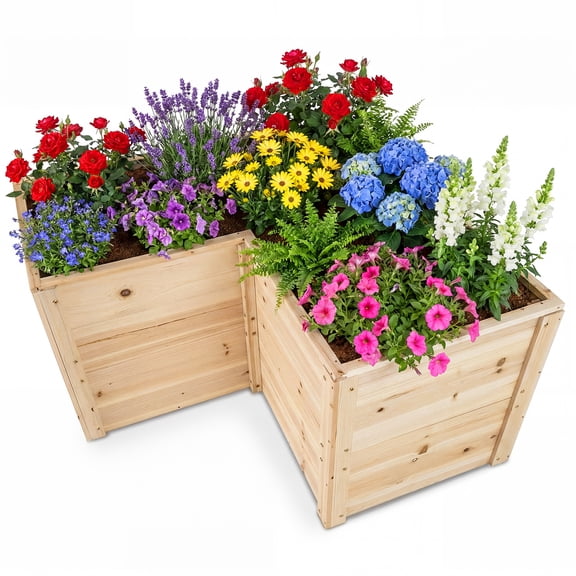Costway 24'' L-Shaped Deep Root Planter Box Wooden Raised Garden Bed with Open-Ended Base
