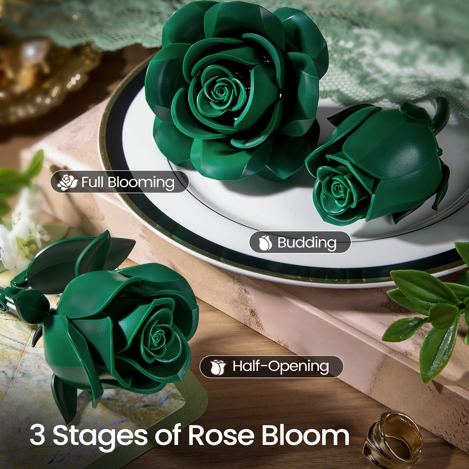 Green Rose Bouquet Building Set, Green Flowers for Adults Women, Botanical Collection Gift for Christmas & Valentines - Artificial Plant Gothic Home Decor